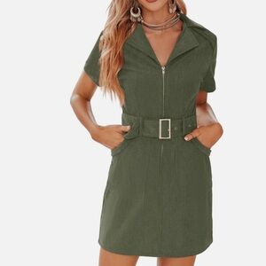 Army green corduroy belted dress